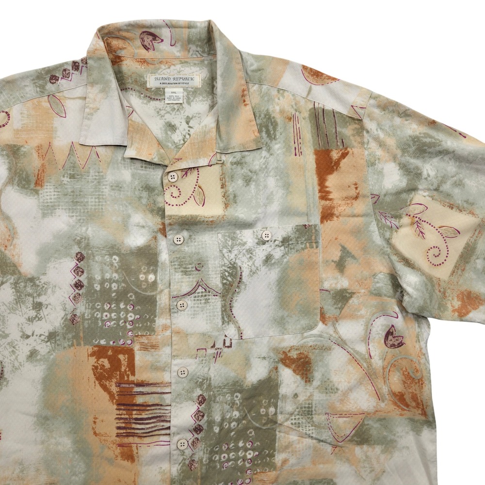 Island Republic Silk Short Sleeve Button Up Shirt Abstract‎ AOP Beige Mens XXL